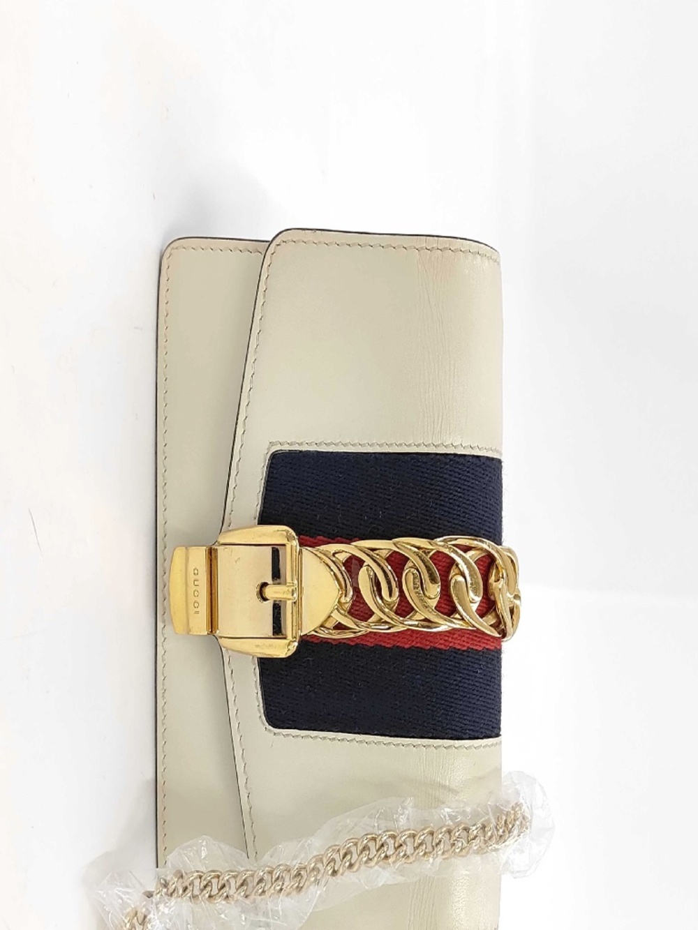 Gucci White Calfskin Leather Web Super Mini Sylvie Chain Shoulder Bag